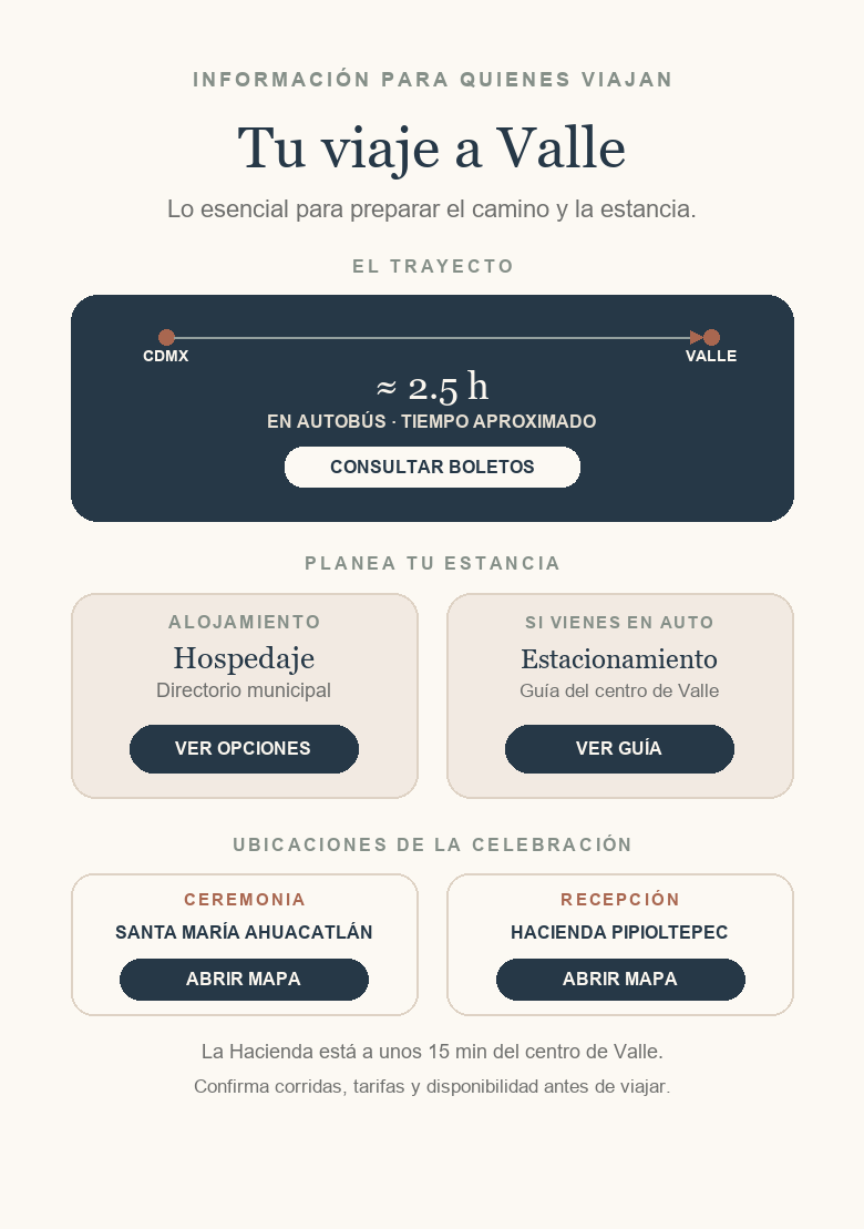 Información para quienes viajan a Valle de Bravo: trayecto, alojamiento, estacionamiento y ubicaciones de la celebración.